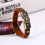 Bracelet en cuir marron avec plaque métallique ornée d'un symbole paix et deux oiseaux, style mixte Birdy.
