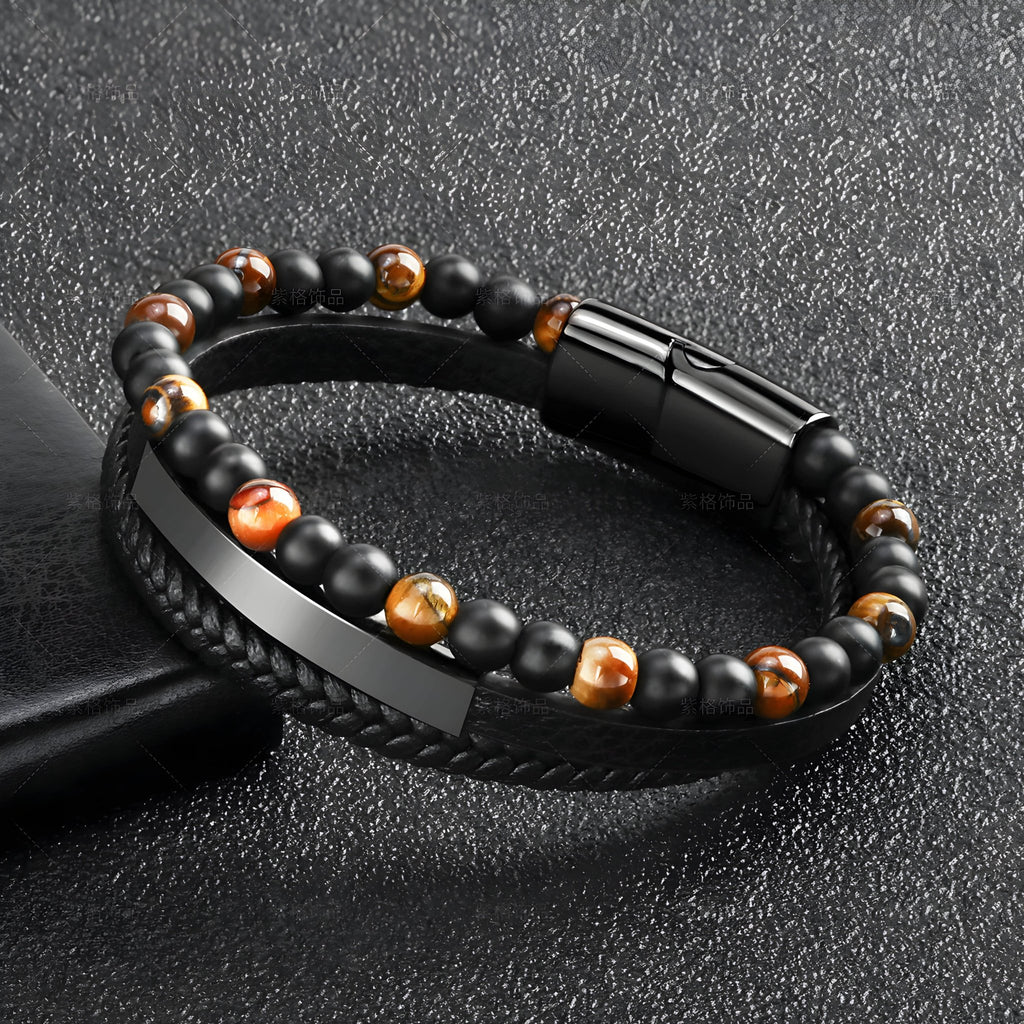 Bracelet en cuir noir avec perles naturelles œil de tigre et fermoir magnétique noir, style moderne.