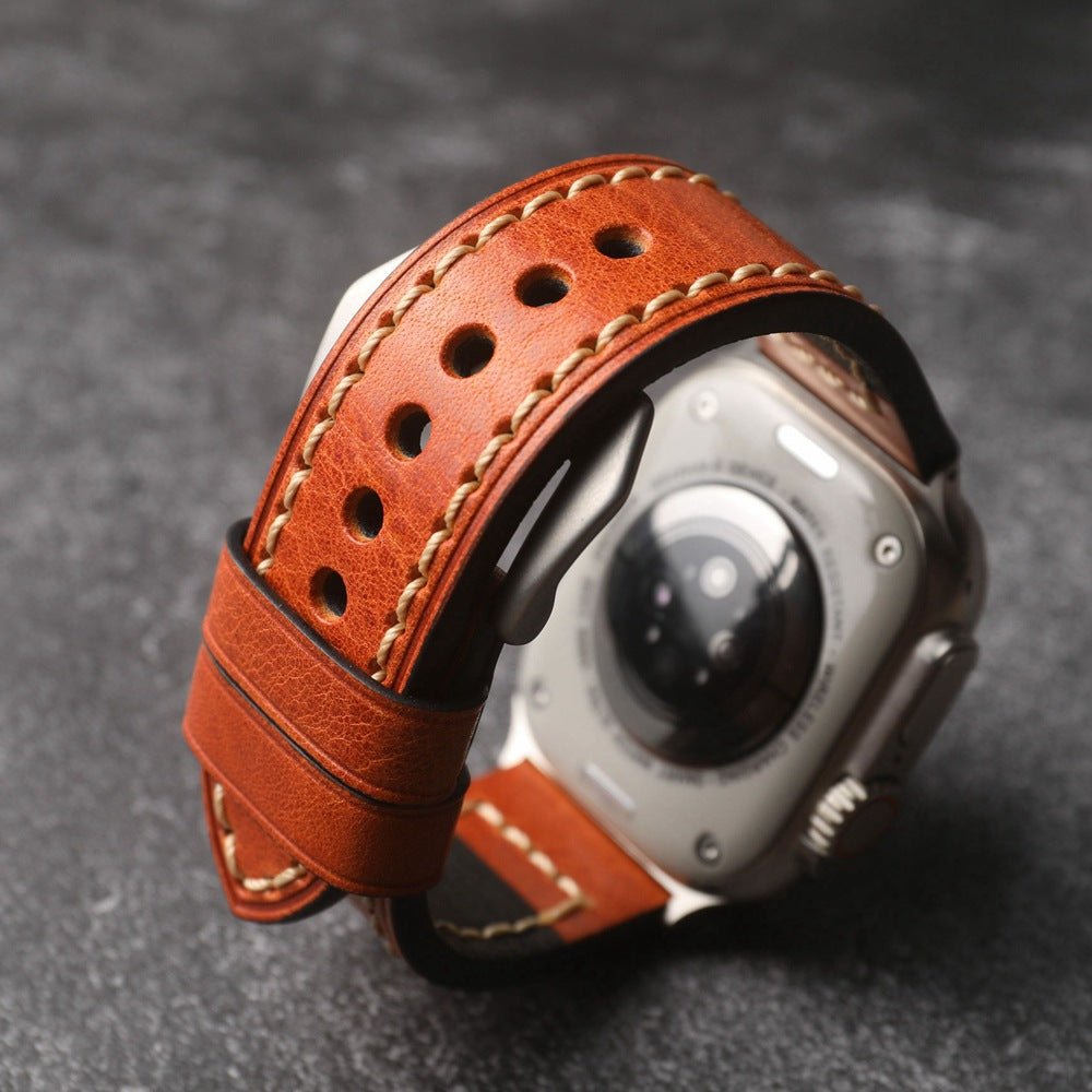 Full-grain leather bracelet for Apple Watch, thick 4MM design with stainless steel buckle, bold masculine look, Audemart model