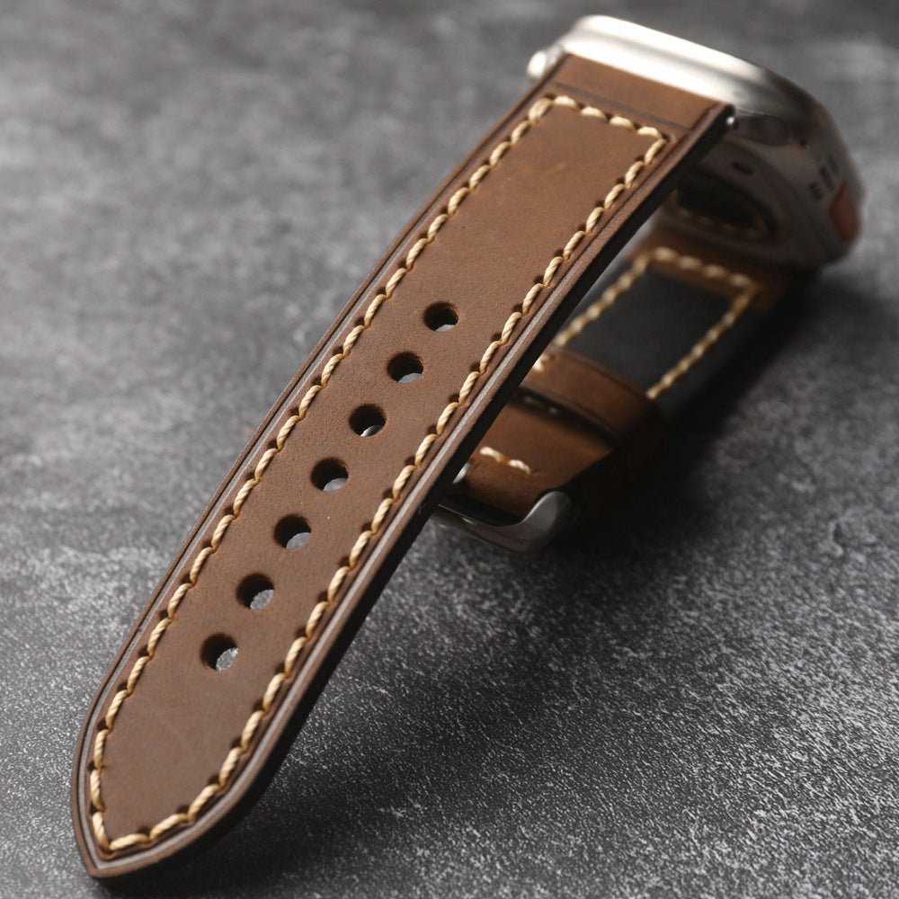 Full-grain leather bracelet for Apple Watch, thick 4MM design with stainless steel buckle, bold masculine look, Audemart model