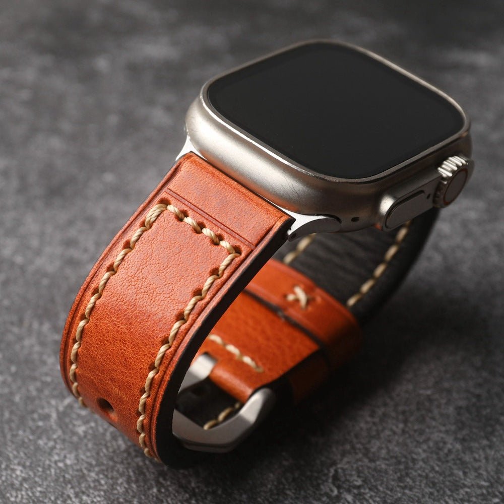 Full-grain leather bracelet for Apple Watch, thick 4MM design with stainless steel buckle, bold masculine look, Audemart model
