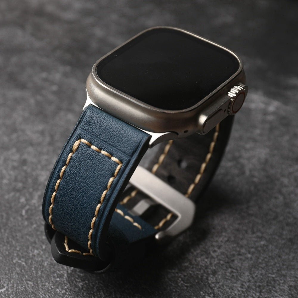 Full-grain leather bracelet for Apple Watch, thick 4MM design with stainless steel buckle, bold masculine look, Audemart model