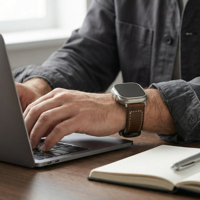 Full-grain leather bracelet for Apple Watch, thick 4MM design with stainless steel buckle, bold masculine look, Audemart model