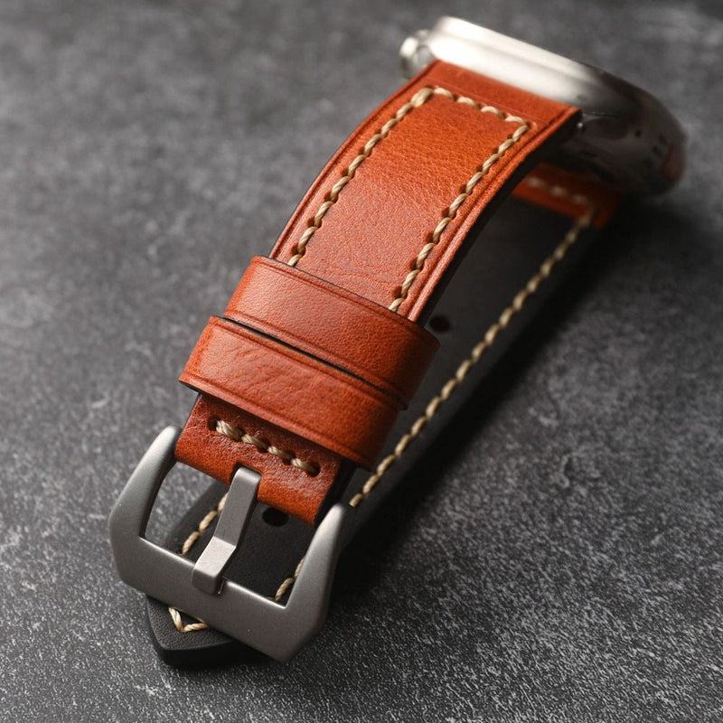 Full-grain leather bracelet for Apple Watch, thick 4MM design with stainless steel buckle, bold masculine look, Audemart model