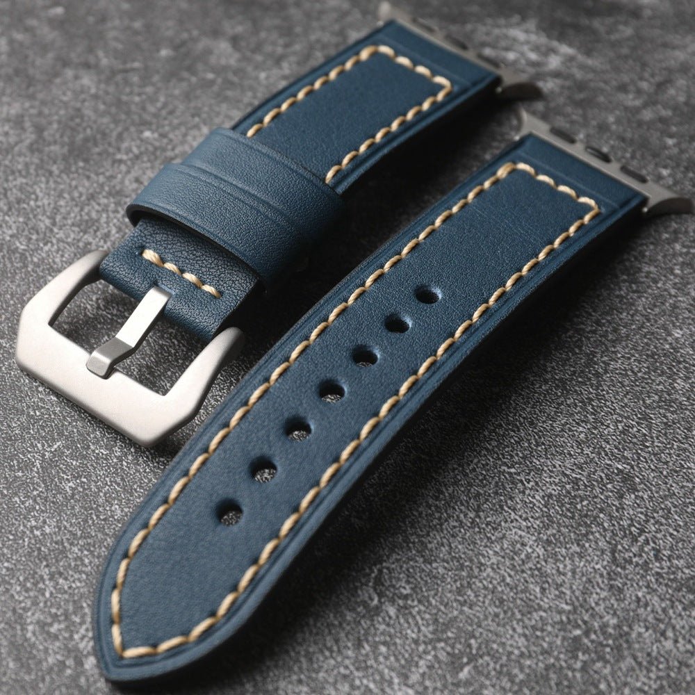 Full-grain leather bracelet for Apple Watch, thick 4MM design with stainless steel buckle, bold masculine look, Audemart model