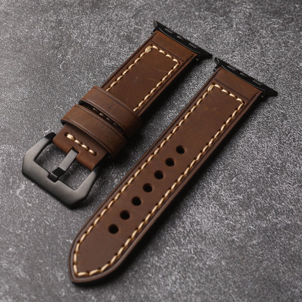 Full-grain leather bracelet for Apple Watch, thick 4MM design with stainless steel buckle, bold masculine look, Audemart model