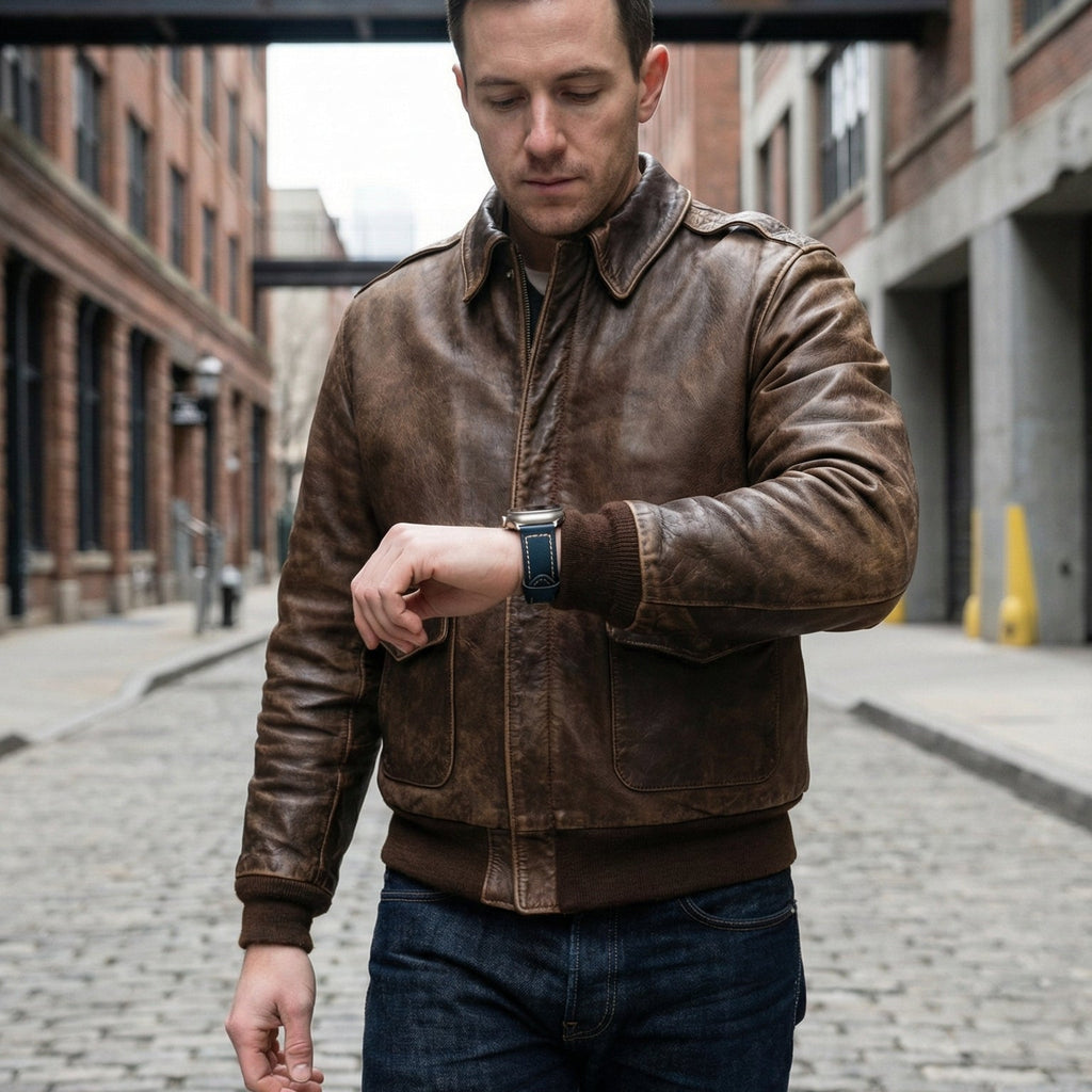 Full-grain leather bracelet for Apple Watch, thick 4MM design with stainless steel buckle, bold masculine look, Audemart model