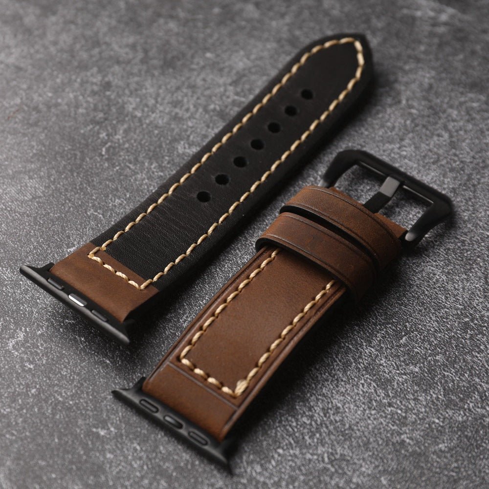 Full-grain leather bracelet for Apple Watch, thick 4MM design with stainless steel buckle, bold masculine look, Audemart model