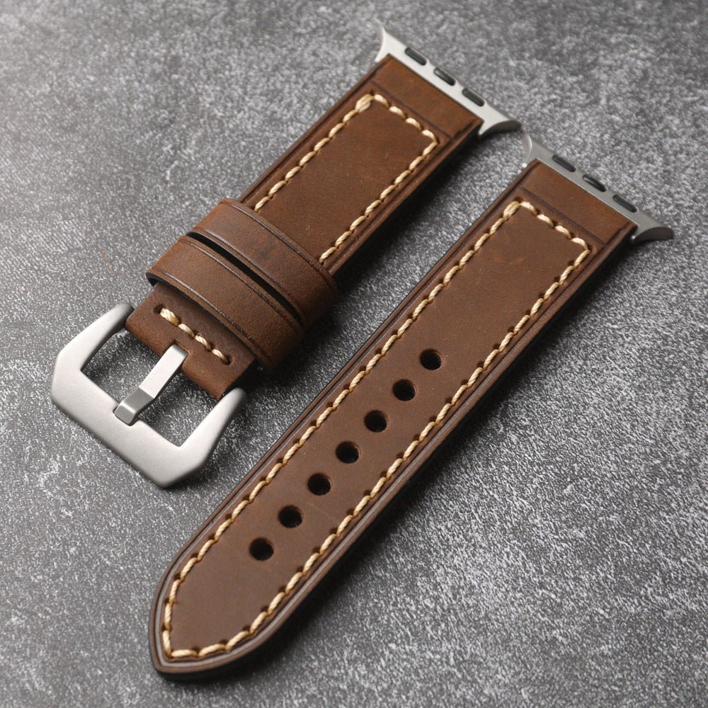 Full-grain leather bracelet for Apple Watch, thick 4MM design with stainless steel buckle, bold masculine look, Audemart model