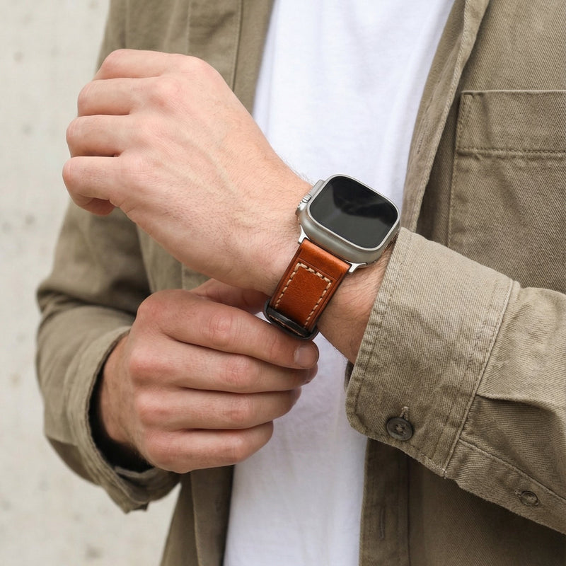 Full-grain leather bracelet for Apple Watch, thick 4MM design with stainless steel buckle, bold masculine look, Audemart model