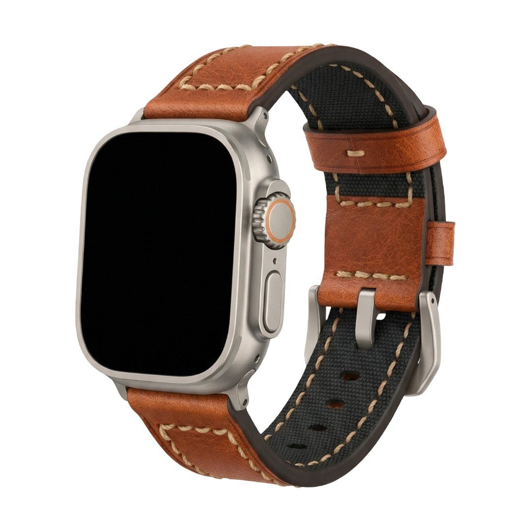 Genuine leather strap for Apple Watch, contrasting stitching, steel pin buckle, Audemart model
