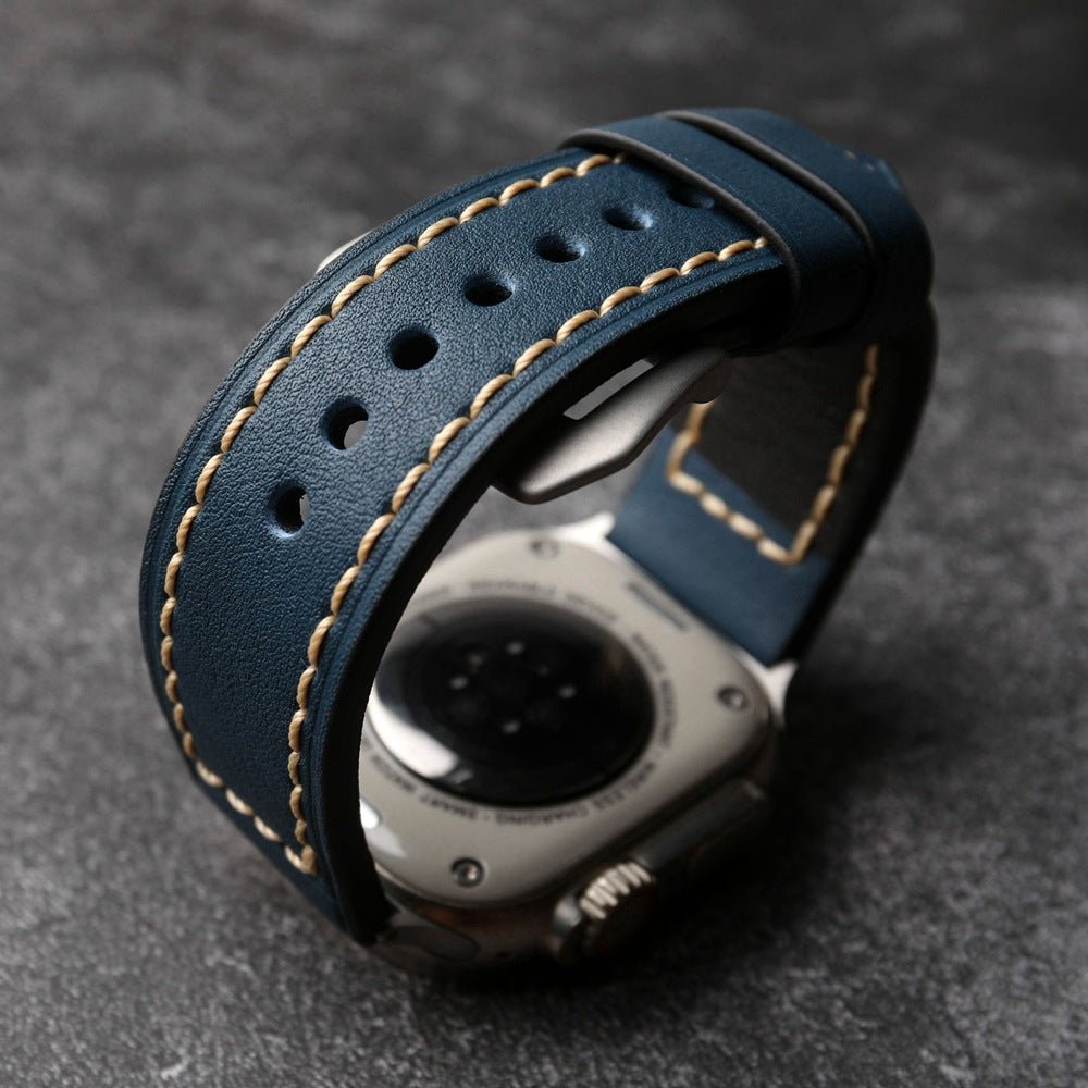 Full-grain leather bracelet for Apple Watch, thick 4MM design with stainless steel buckle, bold masculine look, Audemart model