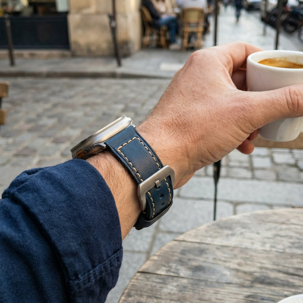 Full-grain leather bracelet for Apple Watch, thick 4MM design with stainless steel buckle, bold masculine look, Audemart model