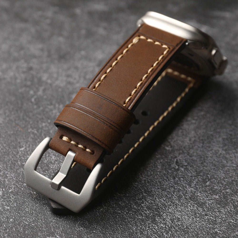 Full-grain leather bracelet for Apple Watch, thick 4MM design with stainless steel buckle, bold masculine look, Audemart model