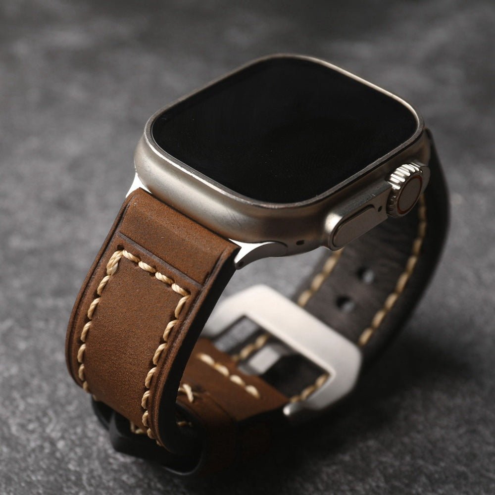Full-grain leather bracelet for Apple Watch, thick 4MM design with stainless steel buckle, bold masculine look, Audemart model