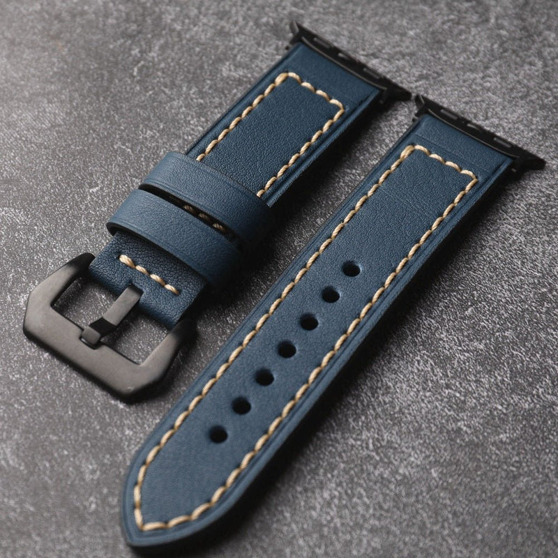 Full-grain leather bracelet for Apple Watch, thick 4MM design with stainless steel buckle, bold masculine look, Audemart model