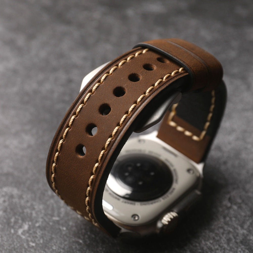 Full-grain leather bracelet for Apple Watch, thick 4MM design with stainless steel buckle, bold masculine look, Audemart model