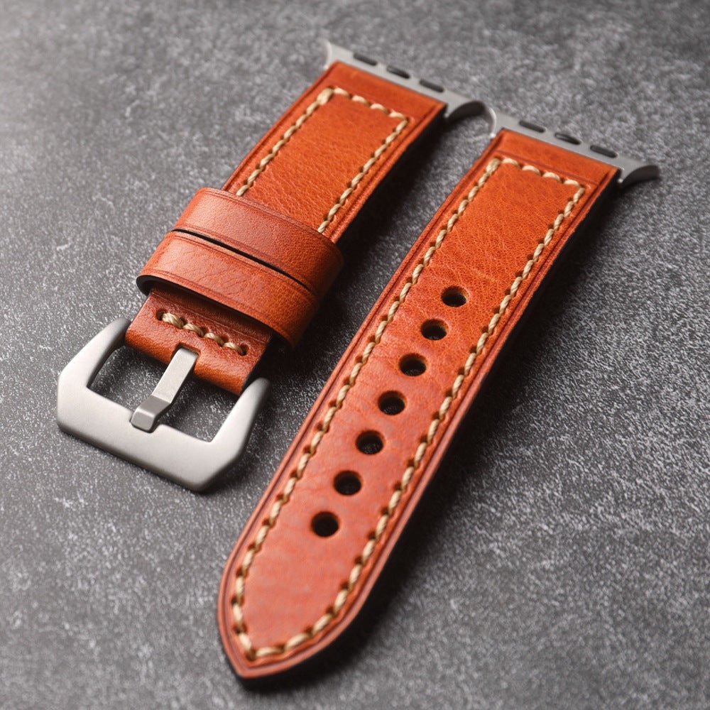 Full-grain leather bracelet for Apple Watch, thick 4MM design with stainless steel buckle, bold masculine look, Audemart model