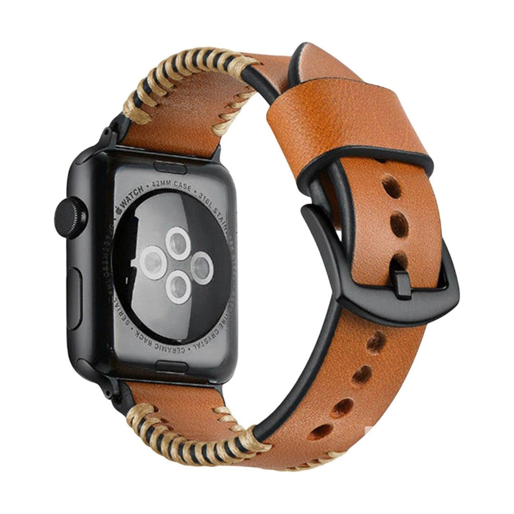 Bracelet en cuir marron pour Apple Watch avec couture beige contrastée et boucle noire en acier.