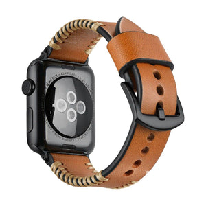 Bracelet en cuir marron pour Apple Watch avec couture beige contrastée et boucle noire en acier.