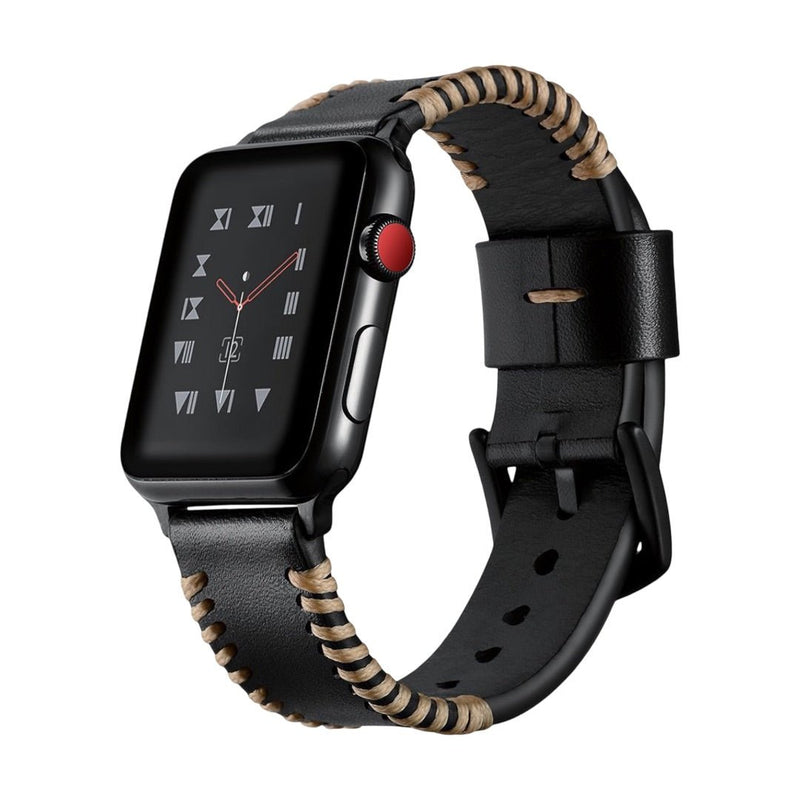 Bracelet en cuir noir pour Apple Watch avec couture beige contrastée et boucle en acier noir mat.