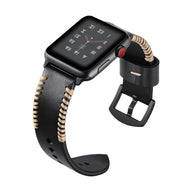 Bracelet en cuir noir avec couture beige contrastée, boucle en acier noir pour Apple Watch.