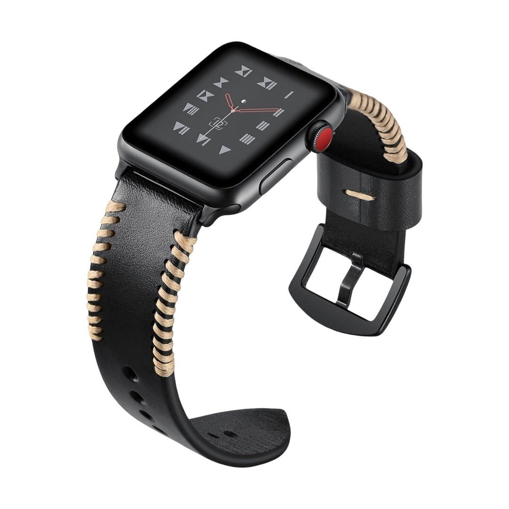 Bracelet en cuir noir avec couture beige contrastée, boucle en acier noir pour Apple Watch.