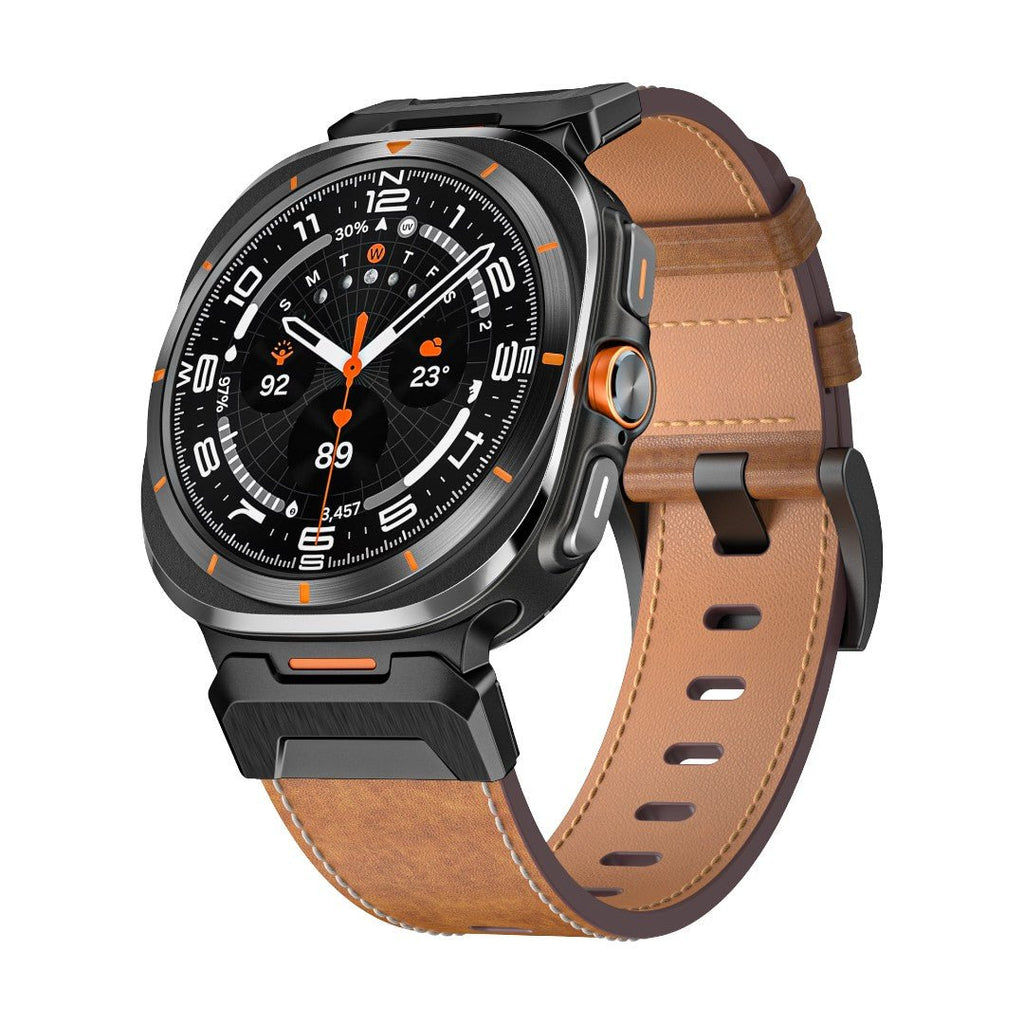 Montre Galaxy Watch 8 avec bracelet en cuir marron, boucle ardillon noire, style sportif et élégant.