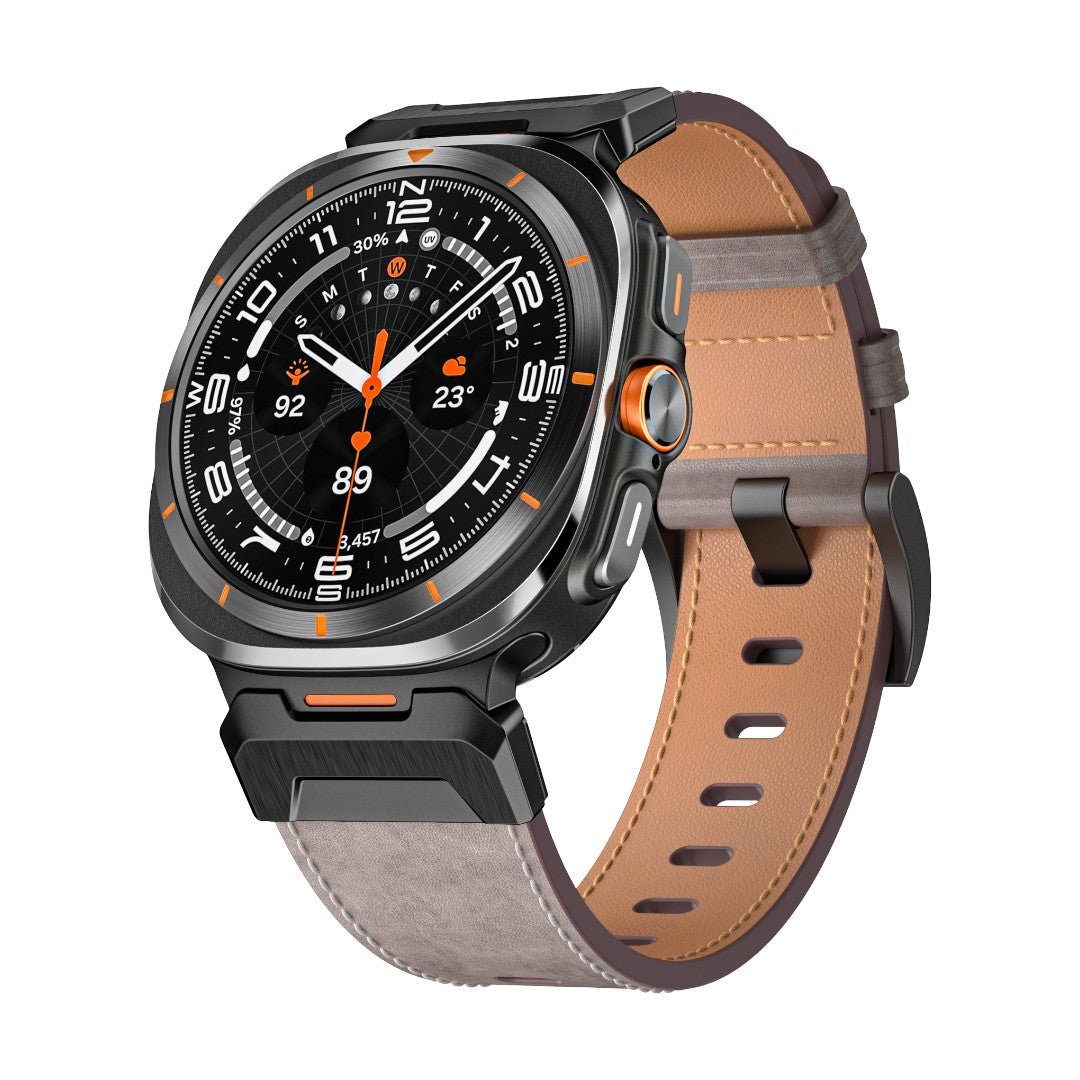Bracelet en cuir gris et marron avec boucle ardillon noire pour Galaxy Watch 8 et Ultra, style sportif et élégant.