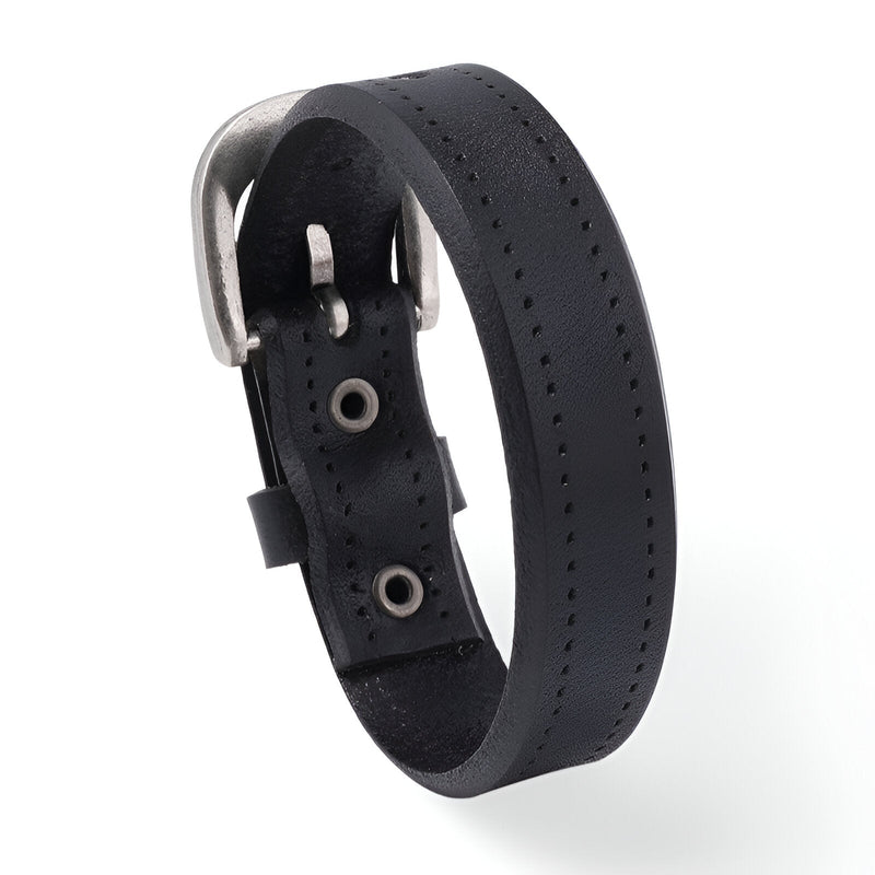 Bracelet en cuir noir pour homme avec fermeture à ardillon argentée et coutures décoratives.