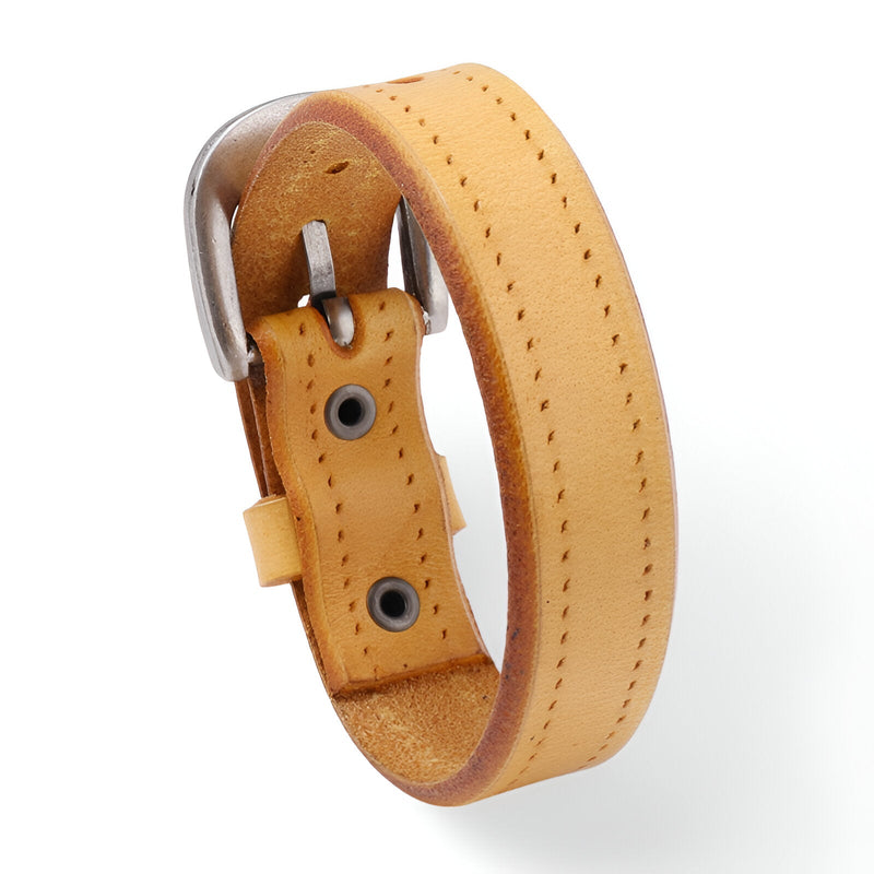 Bracelet en cuir jaune clair avec fermeture à ardillon argentée, couture décorative ton sur ton.