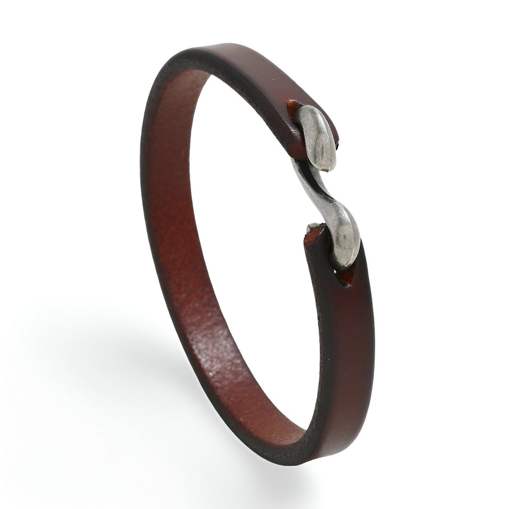 Bracelet en cuir café simple à crochet métallique argente pour homme style Romain.