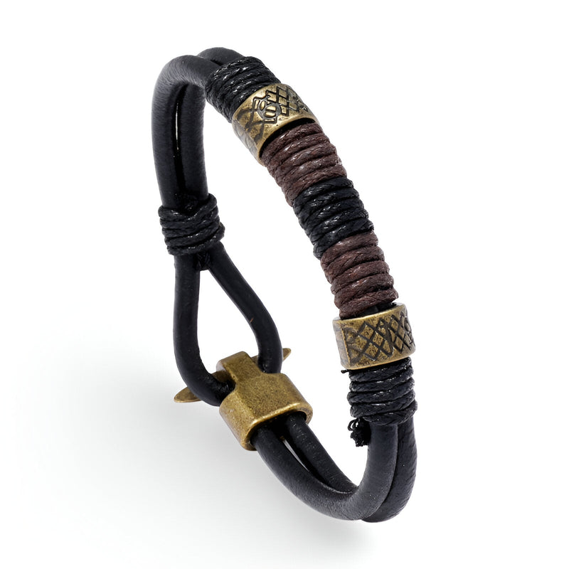 Bracelet homme en cuir noir tressé avec détails en métal doré à motifs égyptiens, style Horus.