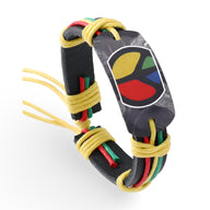 Bracelet en cuir noir avec nœuds jaunes et plaque style jamaïcain colorée Peace and Love.