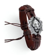 Bracelet en cuir marron avec tête de lion argentée et cordons réglables pour homme.