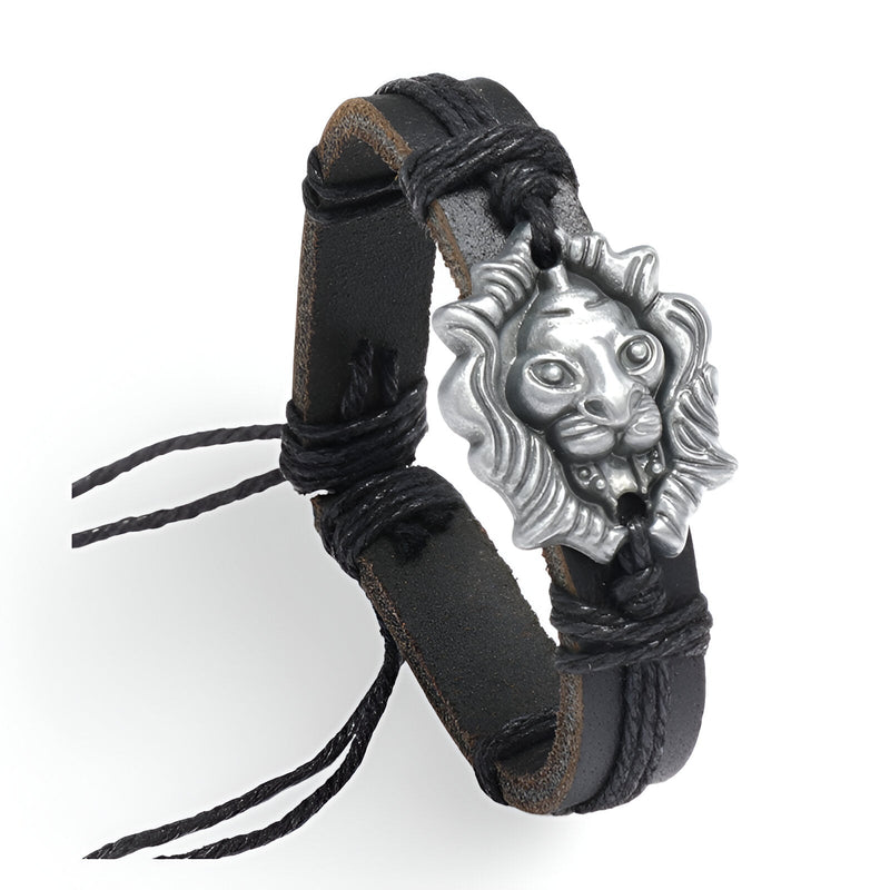 Bracelet homme en cuir noir à double lanière avec tête de lion en métal argenté.