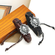 Bracelet en cuir marron avec tête de lion métal argenté, style tressé, pour homme  .