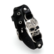 Bracelet en cuir noir avec tête de mort en métal argenté, style homme, modèle Severin.