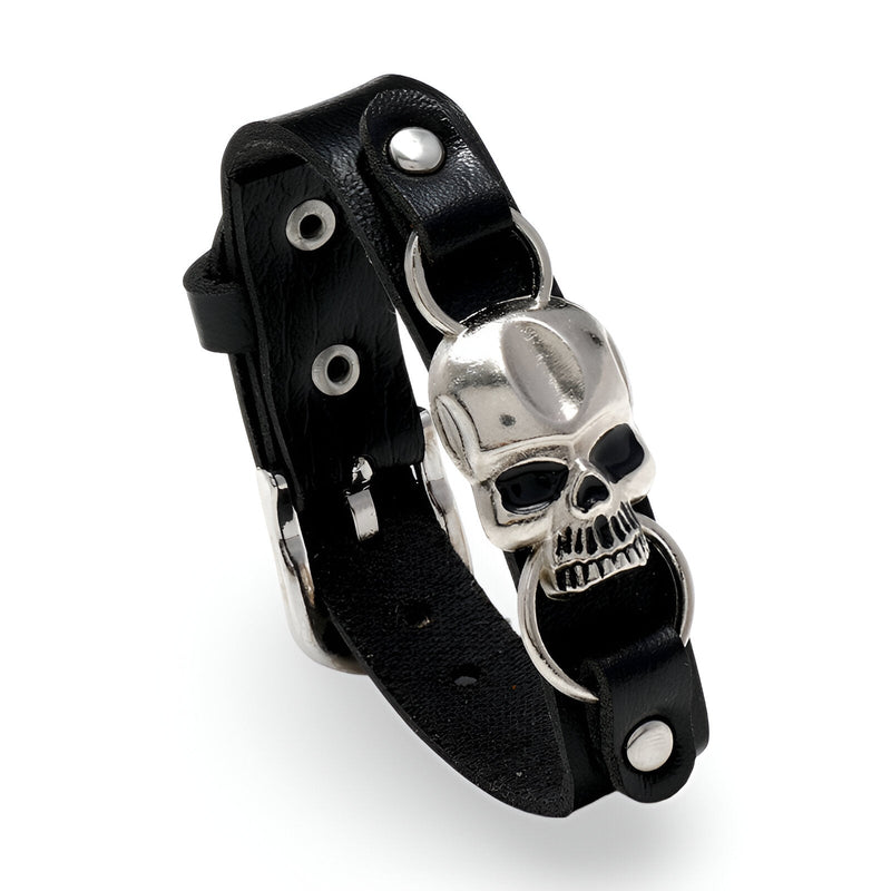 Bracelet en cuir noir avec tête de mort en métal argenté, style homme, modèle Severin.