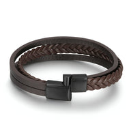 Bracelet homme en cuir marron tressé et lisse avec fermoir noir mat magnétique.