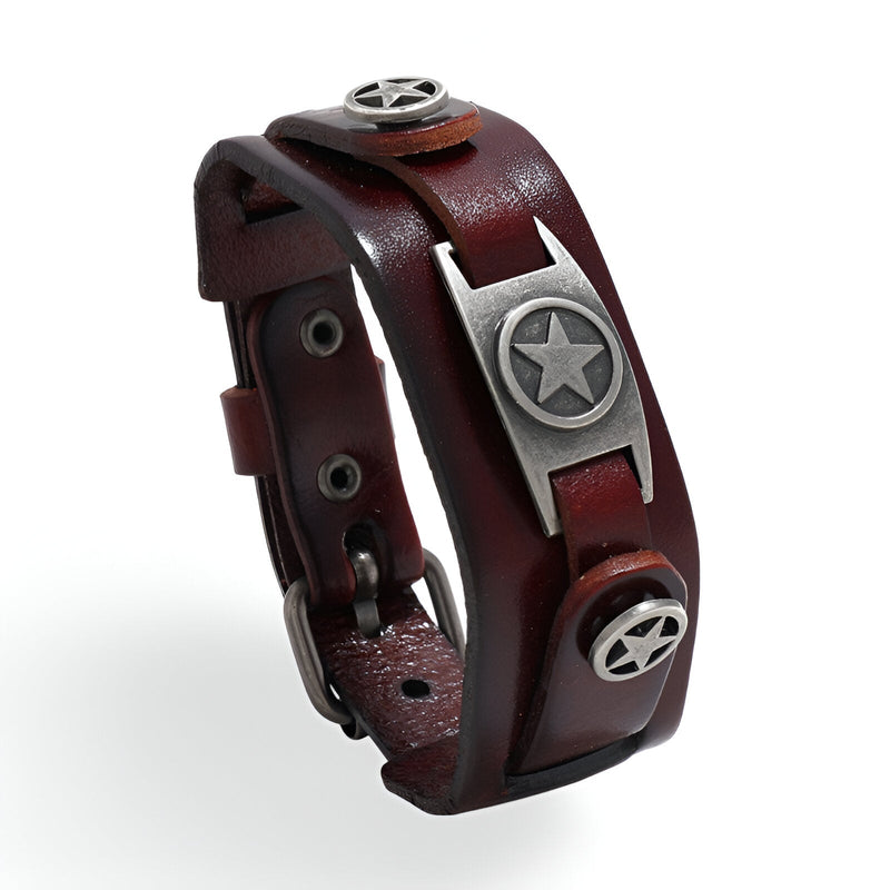 Bracelet en cuir marron foncé pour homme avec trois étoiles métalliques argentées style Falcon.