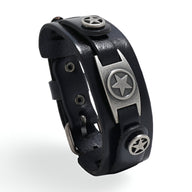 Bracelet en cuir noir épais avec trois étoiles métalliques argentées, style Falcon pour homme.