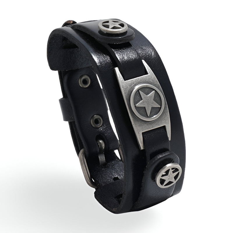 Bracelet en cuir noir épais avec trois étoiles métalliques argentées, style Falcon pour homme.