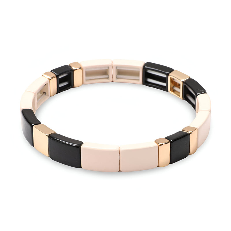 Bracelet rigide femme en émail noir, rose pâle et or, style segments rectangulaires lisses.