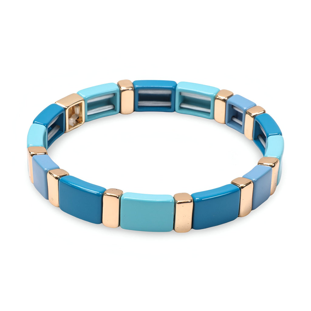 Bracelet rigide femme en émail bleu et turquoise avec intercalaires dorés, style moderne Calypso.
