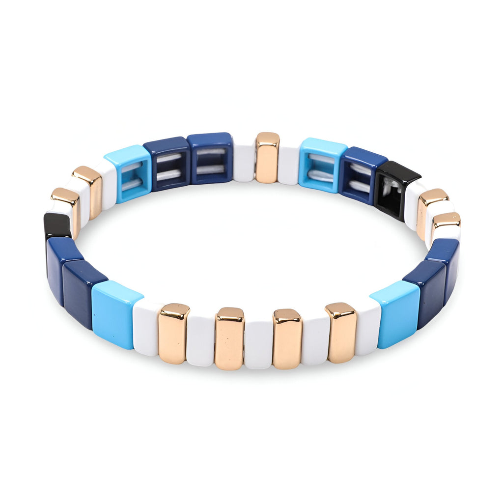 Bracelet femme en émail coloris bleu, cyan et or, design géométrique élégant.