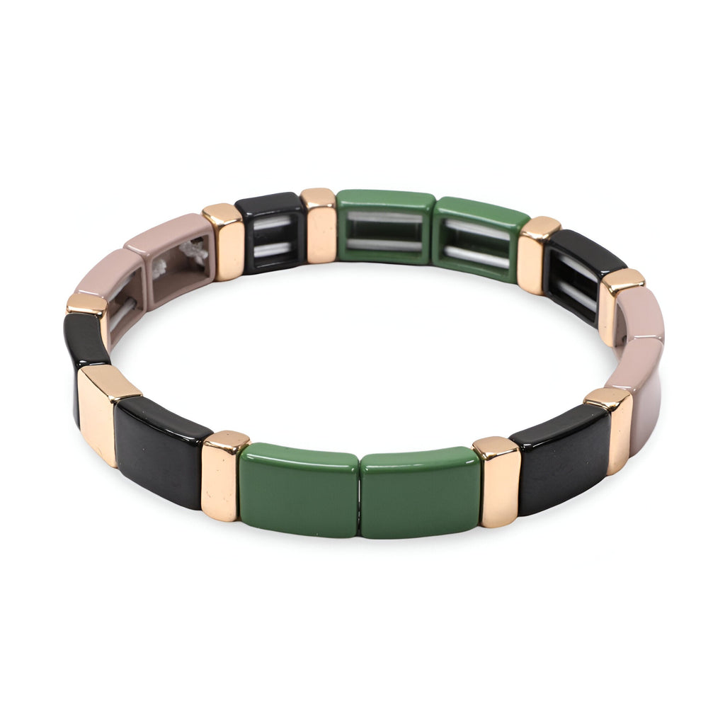 Bracelet en émail pour femme avec maillons verts, noirs et métallisés dorés style Calypso.