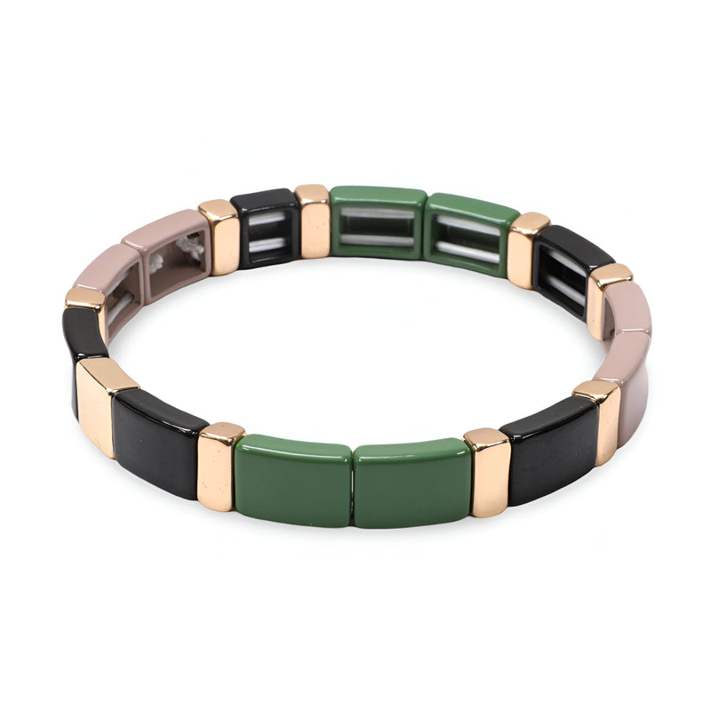 Bracelet en émail pour femme avec maillons verts, noirs et métallisés dorés style Calypso.