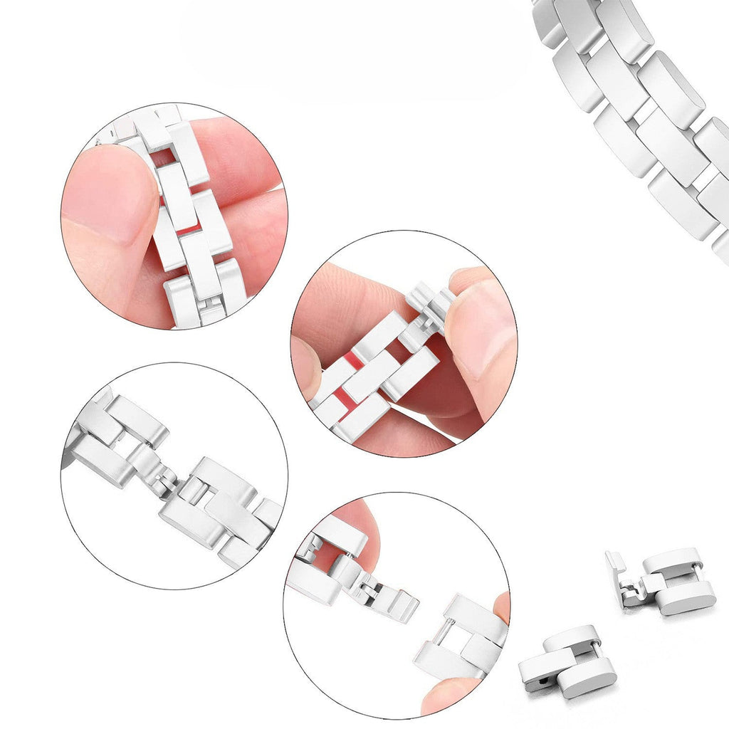 Bracelet modulable en acier argenté avec maillons rectangulaires ajourés pour Apple Watch.