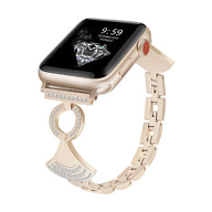 Bracelet en or rosé pour Apple Watch, style éventail orné de zircons scintillants, maillons ajustables élégants.